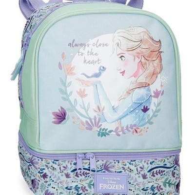 Mochila infantil azul claro e lilás com imagem da Elsa de Frozen e padrão floral
