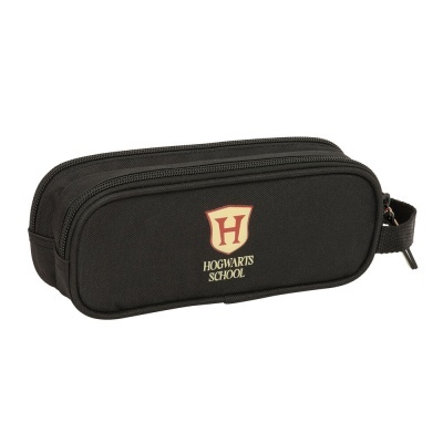 Estojo escolar preto com logo HOGWARTS SCHOOL inscrito.
