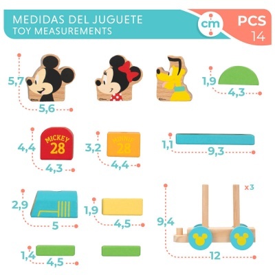Peças de brinquedo de madeira com personagens Disney e medidas em centímetros