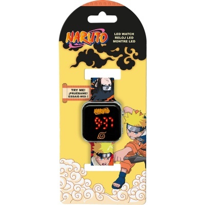 Relógio LED Naruto com bracelete colorida e mostrador digital em embalagem amarela
