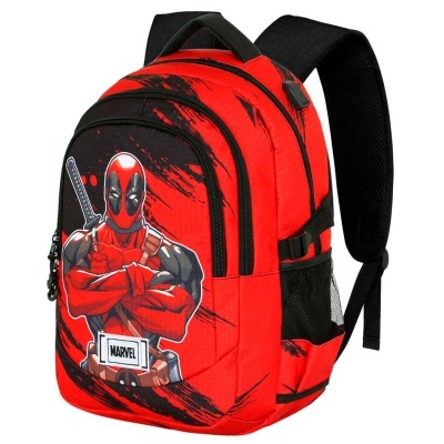 Mochila vermelha Deadpool com detalhes pretos e logo MARVEL