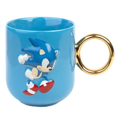 Caneca azul com Sonic e pega dourada circular