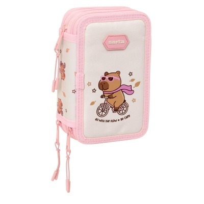 Estojo rosa com urso em bicicleta e texto inspirador