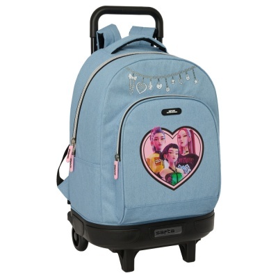 Mochila escolar azul claro com rodas e estampa de três personagens femininas em coração cor-de-rosa