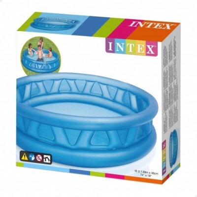 Piscina insuflável azul oval INTEX em embalagem com imagem do produto e crianças a brincar