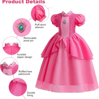 Vestido rosa para criança com mangas bufantes e detalhes de renda