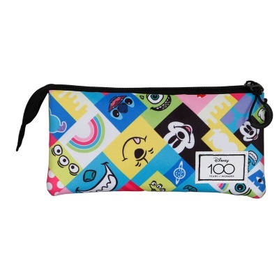 Estojo colorido com padrão de personagens Disney e etiqueta Disney 100 Years of Wonder
