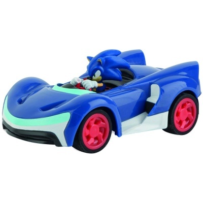 Brinquedo de carro de corrida azul com personagem Sonic ao volante