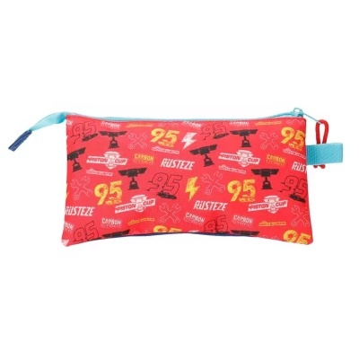 Estojo vermelho com padrão temático e fecho azul