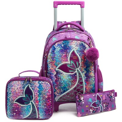 Conjunto de mochilas escolares lilás com estampas de sereias e lantejoulas coloridas