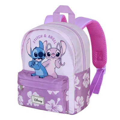 Mochila infantil lilás com personagens Stitch e Angel e flores brancas
