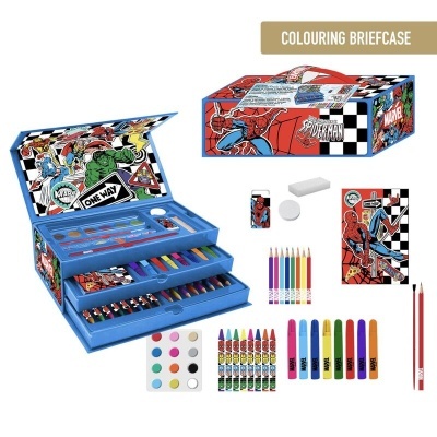 Estojo de pintura azul com motivos Marvel Spiderman e vários materiais de arte