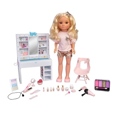 Boneca loira com secretária e acessórios de maquilhagem