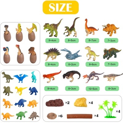 Conjunto colorido de brinquedos dinossauros de plástico com acessórios e indicação de tamanhos