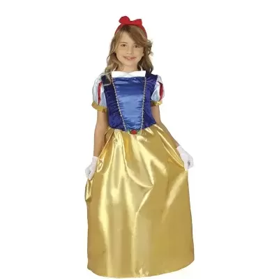 Vestido de fantasia infantil inspirado na Branca de Neve com saia dourada e corpete azul.