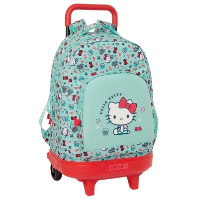 Mochila com rodas azul clara e vermelha com estampa Hello Kitty