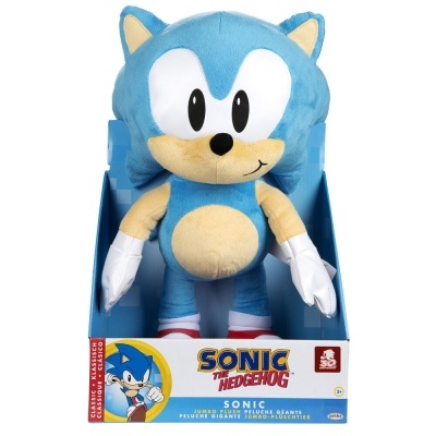 Pelúcia gigante Sonic the Hedgehog em caixa azul e branca