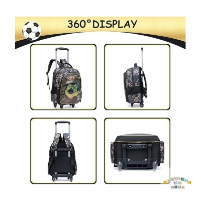 Mochila escolar com padrão de bolas de futebol e rodinhas vista de vários ângulos