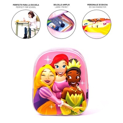 mochila escolar rosa com personagens EVA 3D de princesas felizes