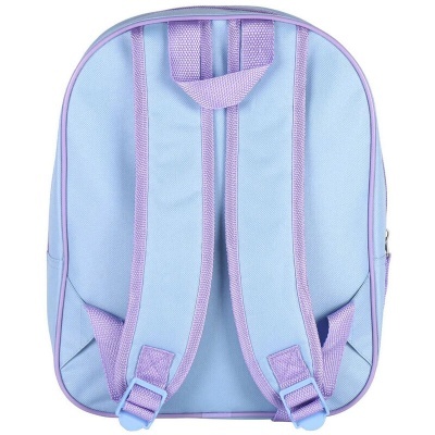 Mochila pequena azul clara com alças lilás vista de trás