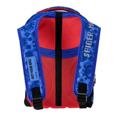 Mochila azul e vermelha com alças almofadadas e texto Spider-Man