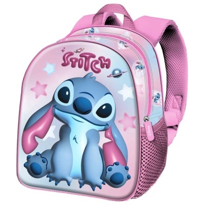 Mochila infantil rosa com desenho do Stitch azul e estrelas coloridas