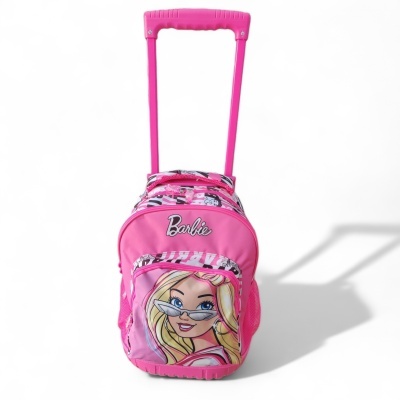 Mochila de rodinhas cor-de-rosa com imagem da Barbie e alça extensível