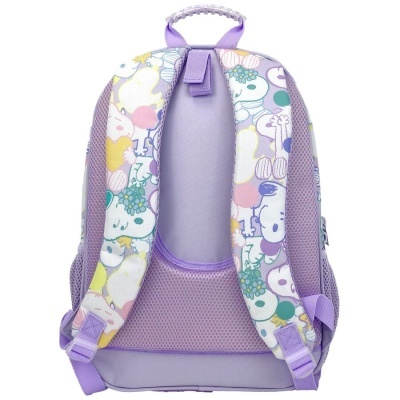 Mochila lilás com alças estampadas coloridas