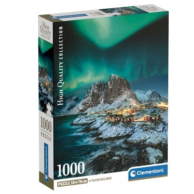 Caixa de puzzle Clementoni 1000 peças com imagem de aurora boreal e vila costeira