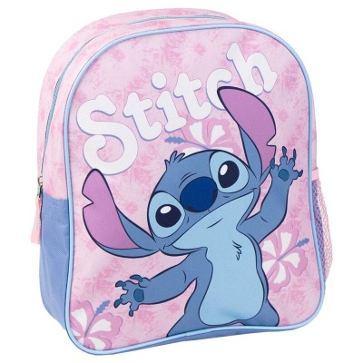 Mochila infantil rosa com estampa do personagem Stitch e texto 'Stitch'