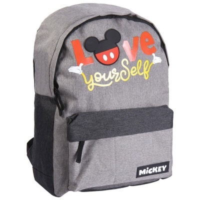 Mochila cinza com bolso frontal e estampa LOVE yourself com orelhas de rato.