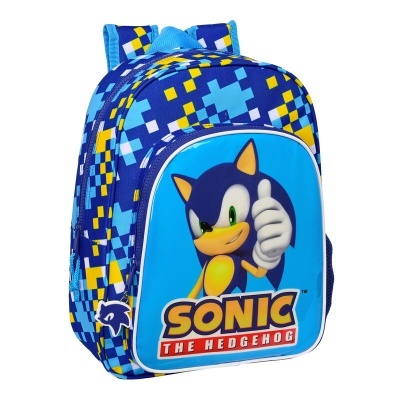 Mochila azul com imagem do Sonic the Hedgehog e padrões geométricos amarelos e azuis