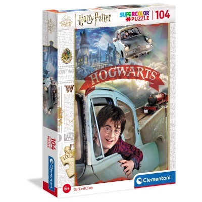Puzzle Harry Potter de 104 peças com imagem de Harry na carrinha azul e comboio vermelho, embalagem da Clementoni
