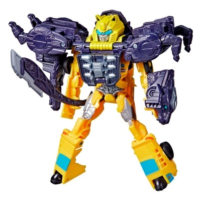 Boneco robô transformer amarelo com braços em forma de escorpião roxo.