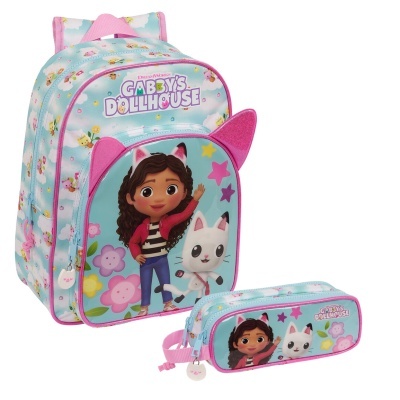 Mochila azul clara com personagens de Gabby's Dollhouse e estojo combinando