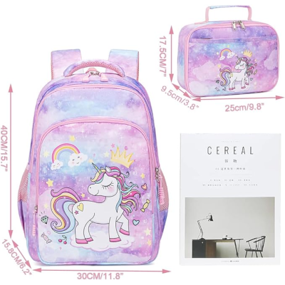 mochila e lancheira lilás com estampa de unicórnio e arco-íris