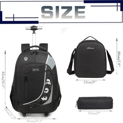 Conjunto mochila com rodinhas, bolsa tiracolo e estojo pretos com detalhes cinza