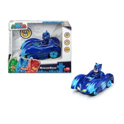 Carrinho Mission Racer azul com figura Catboy e embalagem PJ Masks.