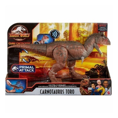 Figura de dinossauro Carnotaurus Toro da coleção Jurassic World com embalagem colorida