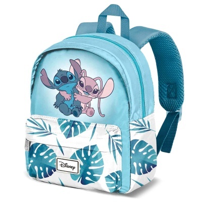 Mochila infantil azul claro com estampa dos personagens Stitch e Angel e folhas tropicais