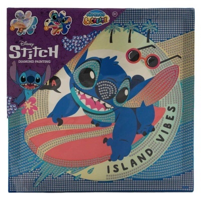 Caixa de pintura com diamantes Disney Stitch com personagem em prancha de surf.