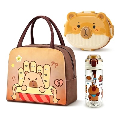 Conjunto infantil mala castanha urso batatas lancheira urso amarela garrafa transparente urso
