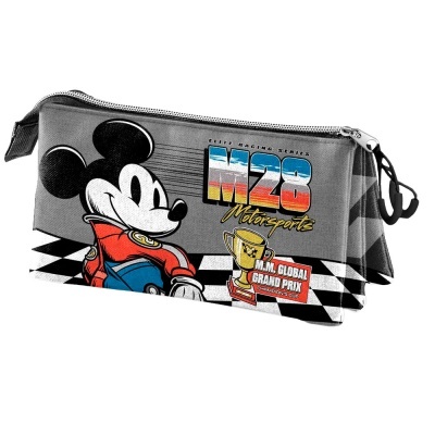 Estojo cinzento com padrão xadrez, Mickey Mouse e texto de corrida