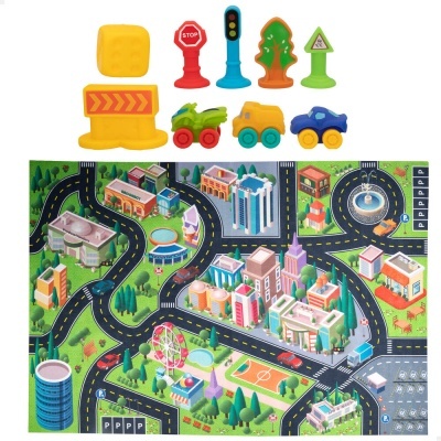 Conjunto de brinquedos de madeira com carros, sinais de trânsito e tapete ilustrado de cidade