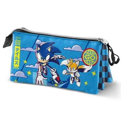 Estojo azul com estampa dos personagens Sonic e Tails, fecho de correr prateado e suporte preto.