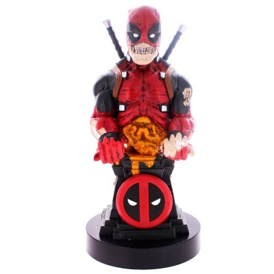 Estátua de Deadpool vermelho e preto com base e símbolo