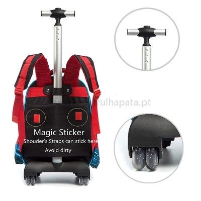 Mala infantil com carrinho de mão integrado, alças vermelhas e estrutura metálica