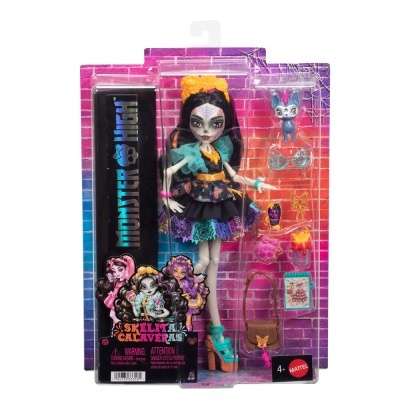 Boneca Monster High Skelita Calaveras com acessórios em embalagem com fundo de tijolos cor-de-rosa e púrpura