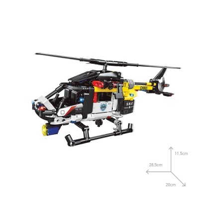 Modelo de helicóptero de montagem em plástico nas cores preta, branca, amarelo e vermelho