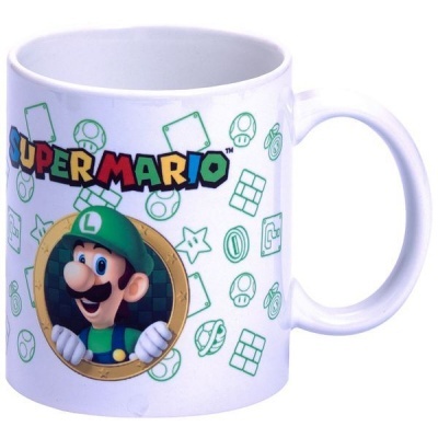 Caneca branca com estampa do Luigi e texto SUPER MARIO